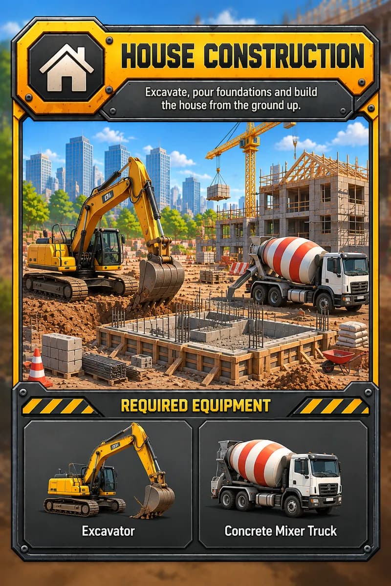 House construction contract card with an excavator and concrete mixer beside a timber frame