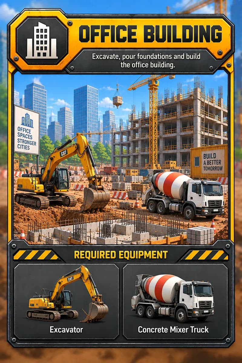 Office building contract card with a mixer truck in front of a steel-frame tower