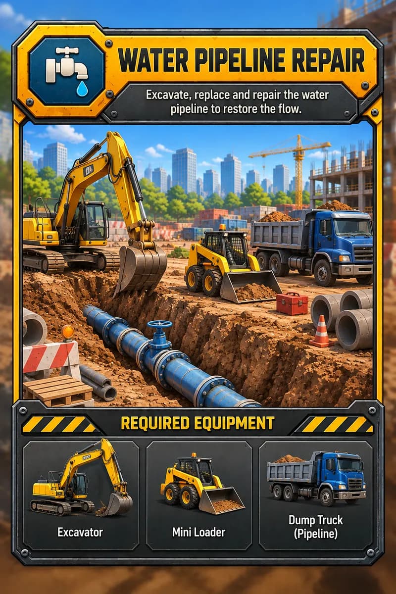 Water pipeline repair contract card showing an excavator, mini loader and dump truck at a trench