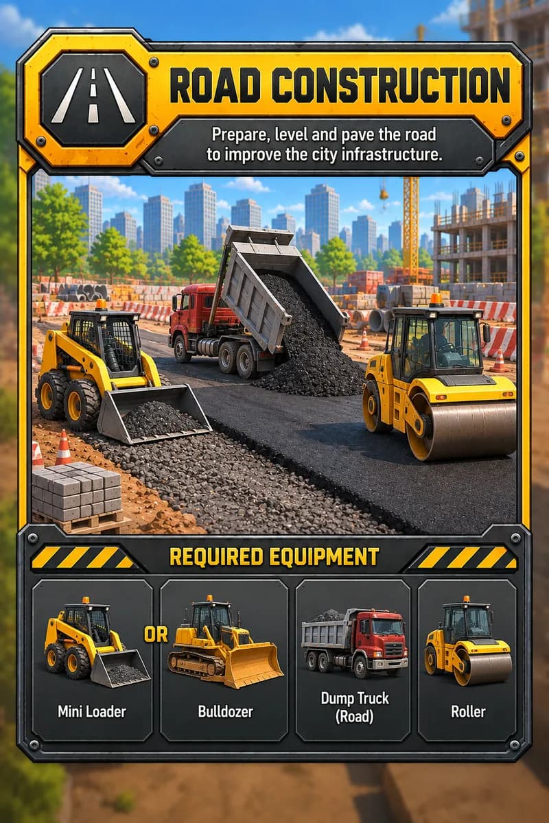 Road construction contract card showing a dump truck laying asphalt and a roller