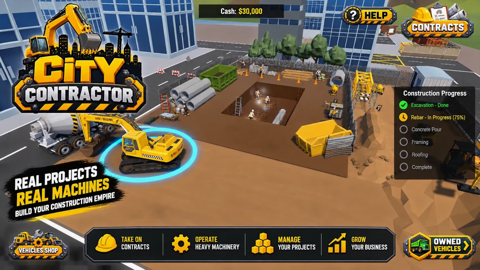 A selected yellow excavator highlighted on a dirt construction site