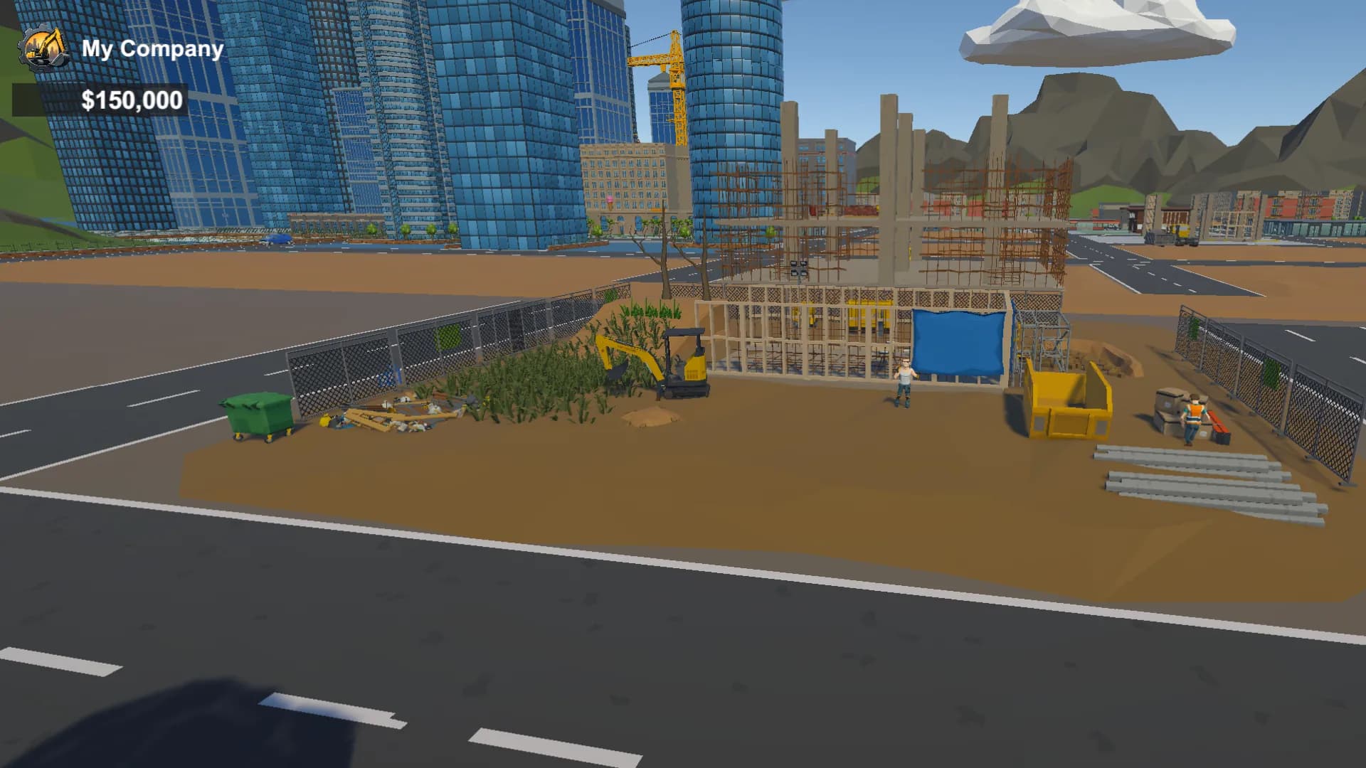 In-game: a steel frame rising behind a dirt lot