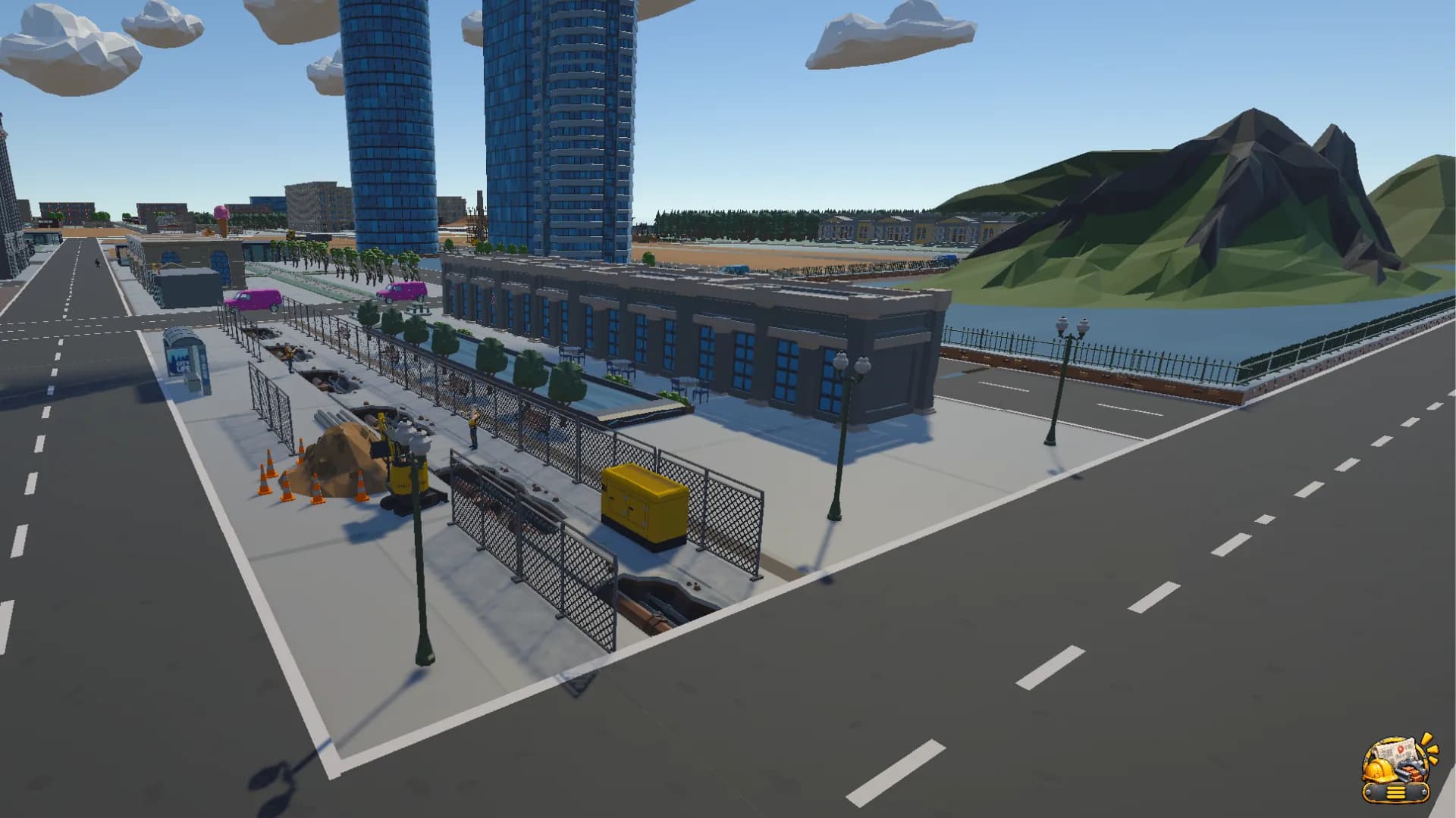 In-game: a finished single-storey building beside the road