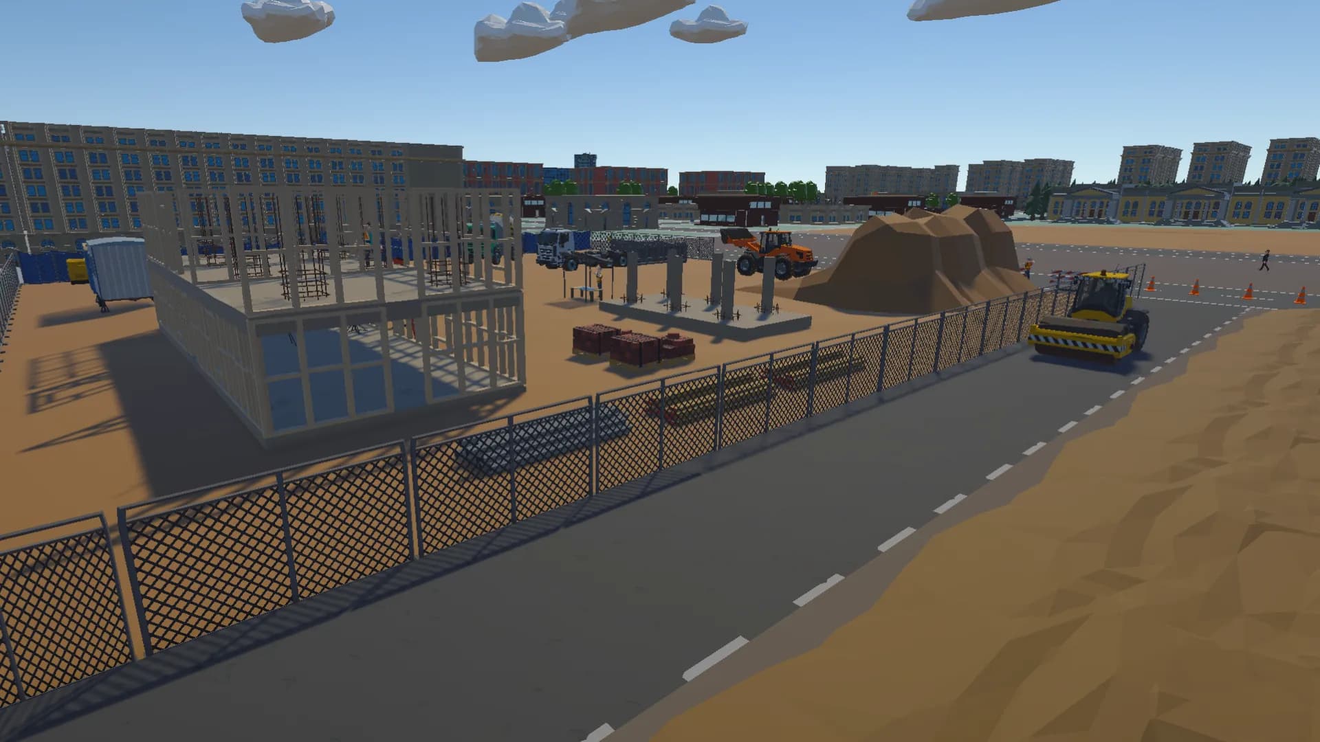 In-game screenshot of a half-built structure with dirt piles and a roller