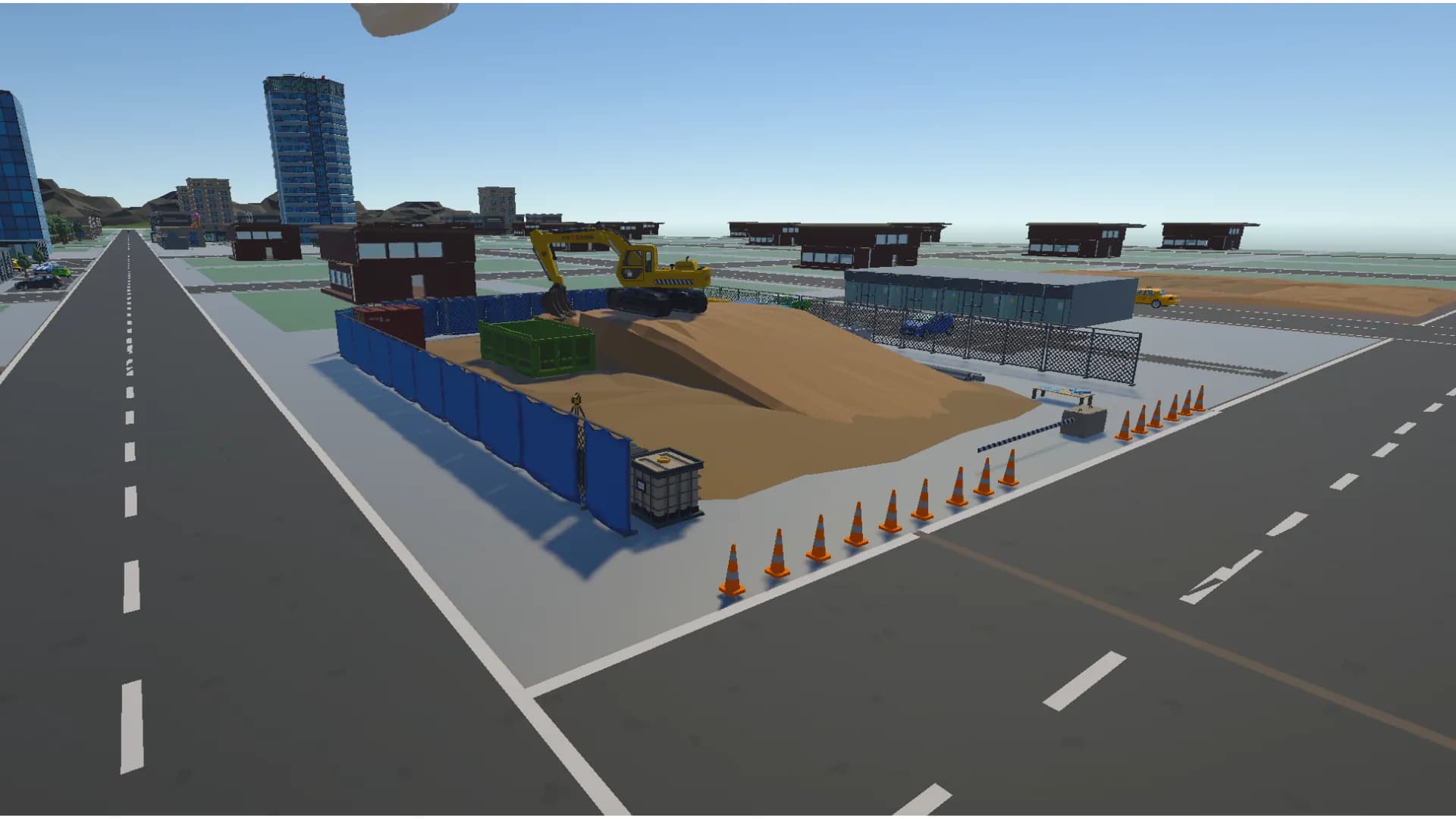 In-game: a fenced site with traffic cones along the street