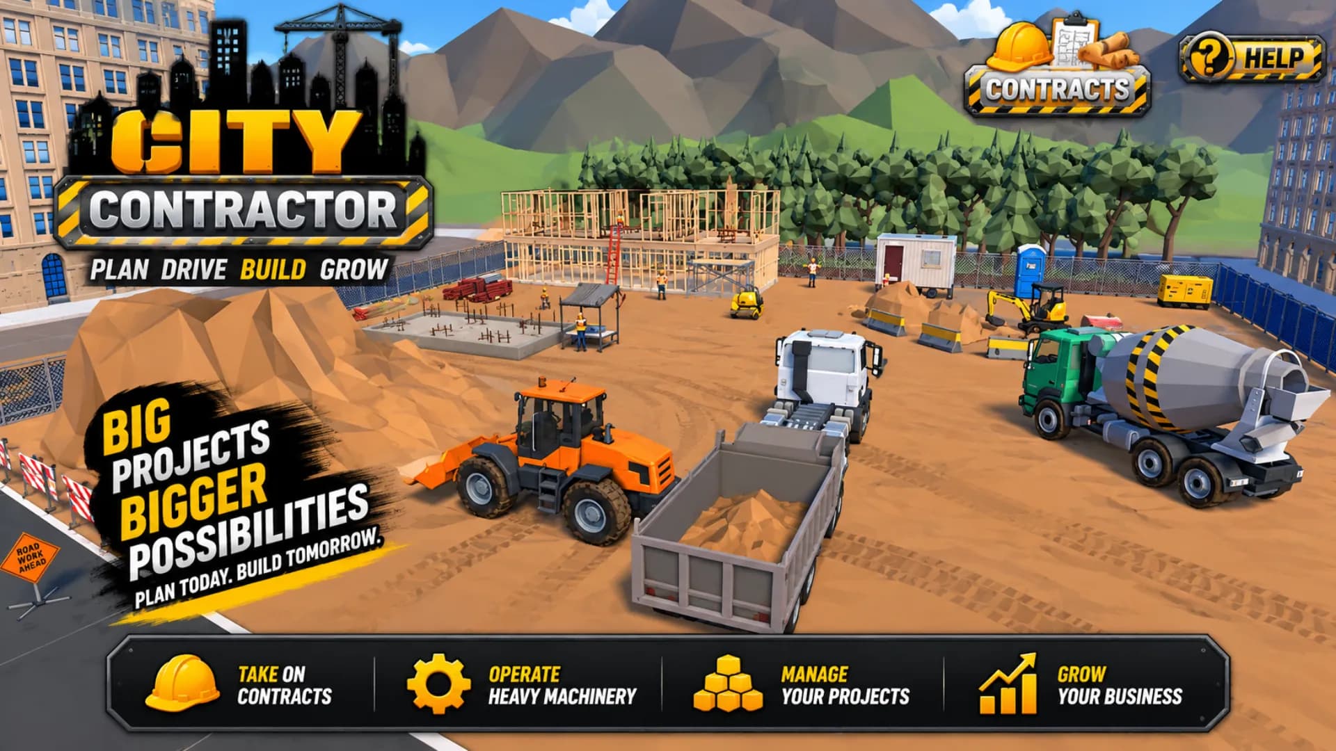 A large site with an orange loader, mixer truck and flatbed parked together