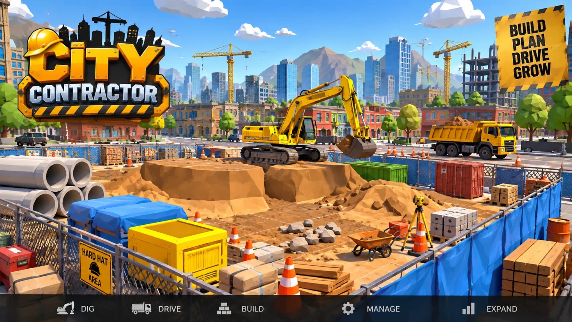 Key art: an excavator and dump truck working a fenced city site
