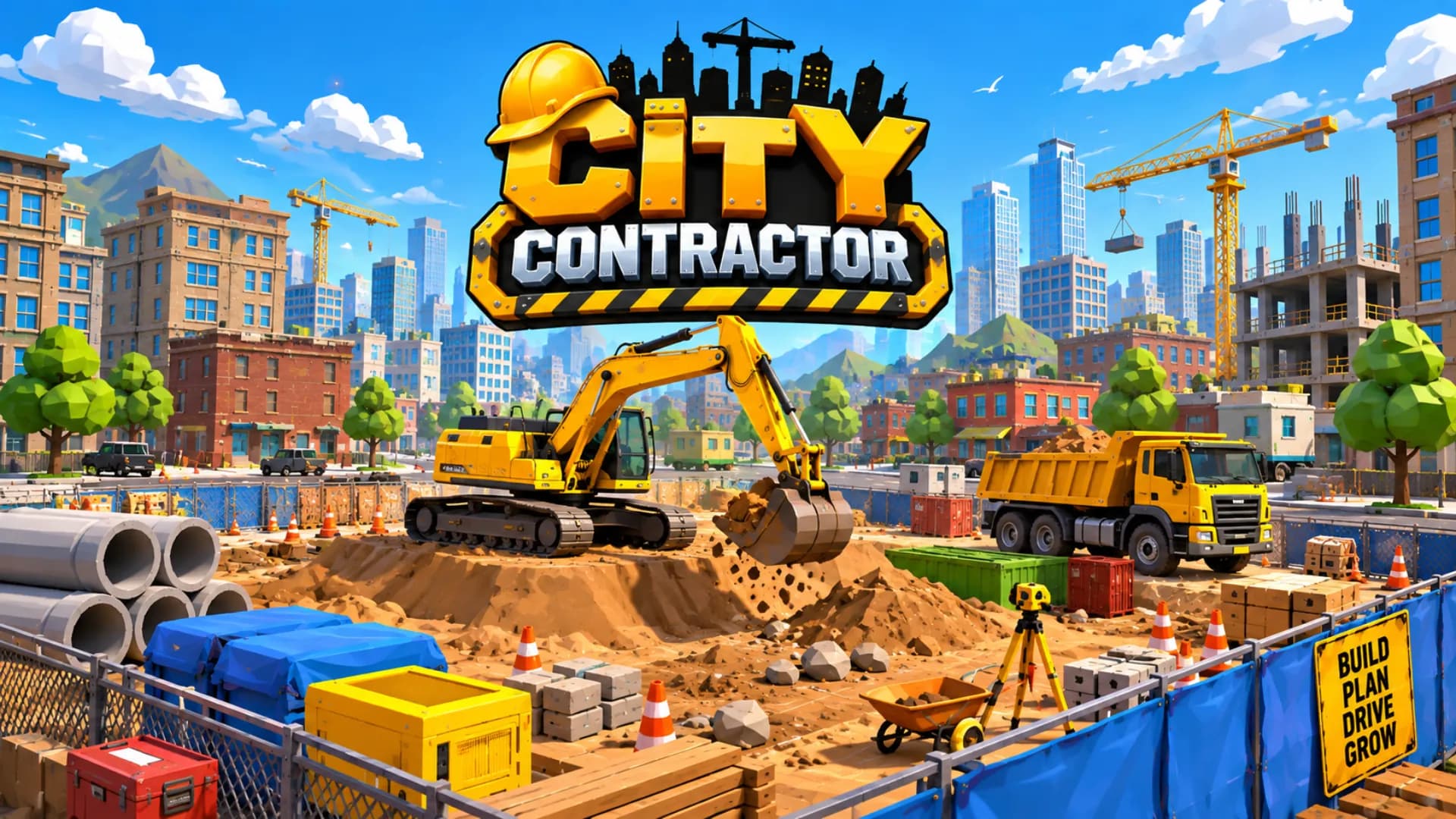 Key art: an excavator digging a fenced lot on a city street