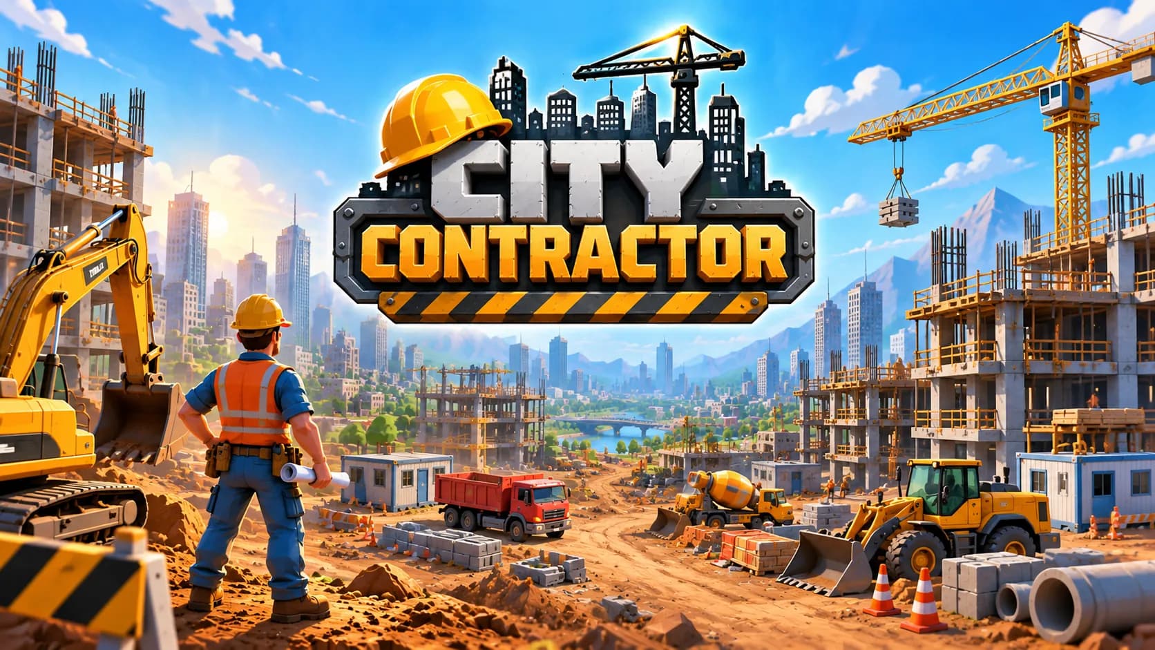 A construction worker in a hard hat looks over a busy site with cranes and excavators